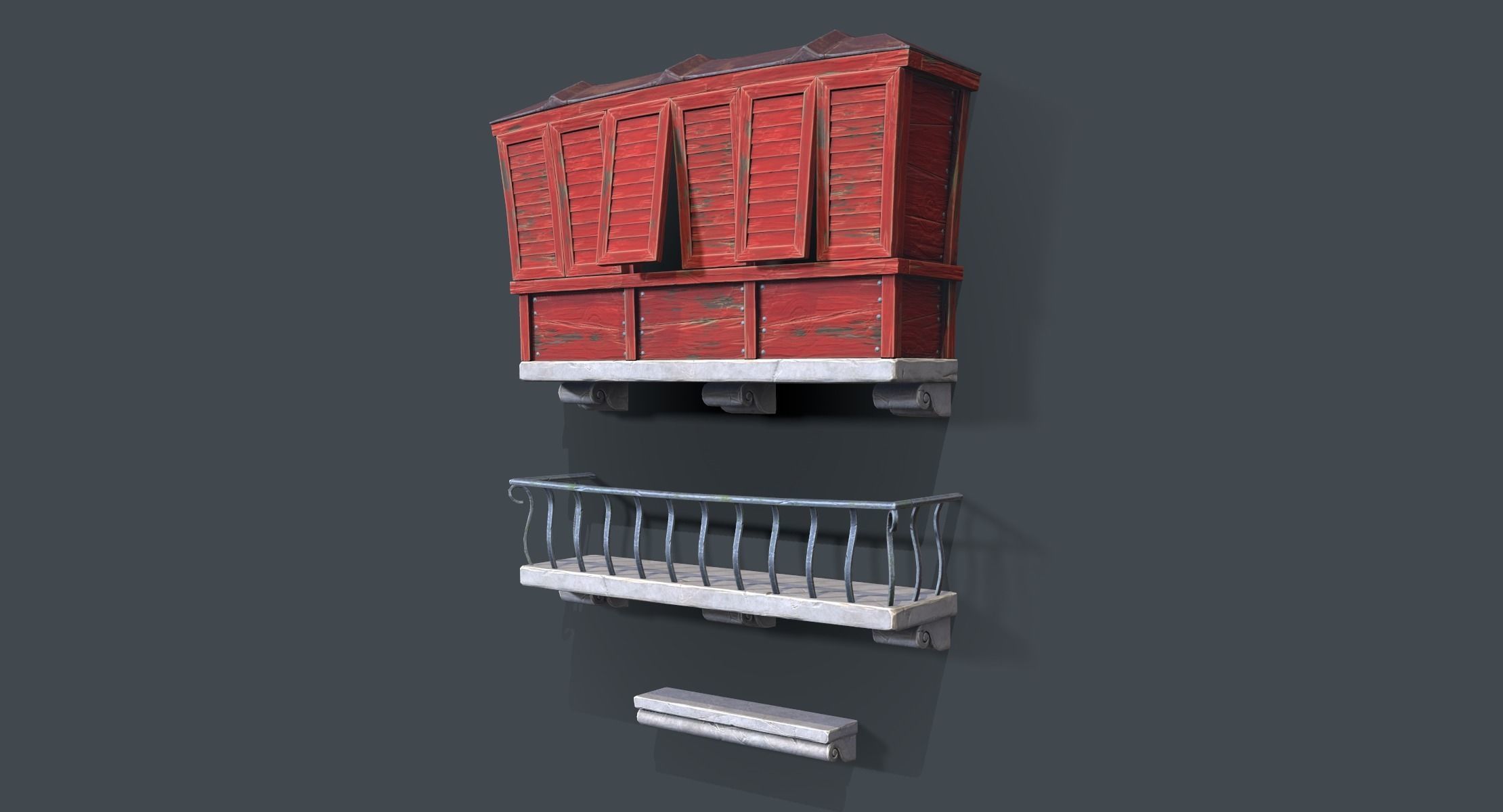 Cartoon Balconies and Cornice Low-poly 3D model_1