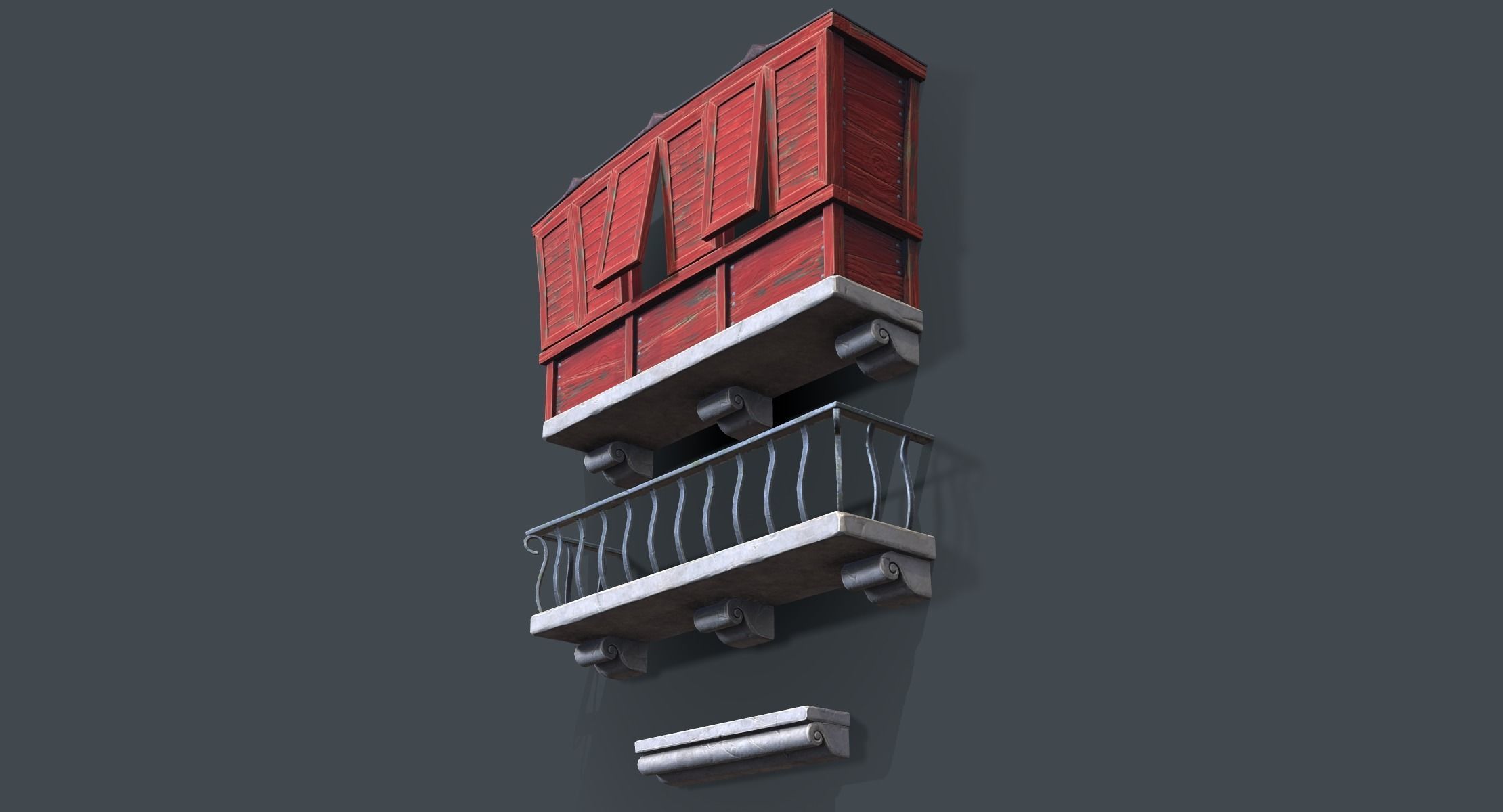 Cartoon Balconies and Cornice Low-poly 3D model_5