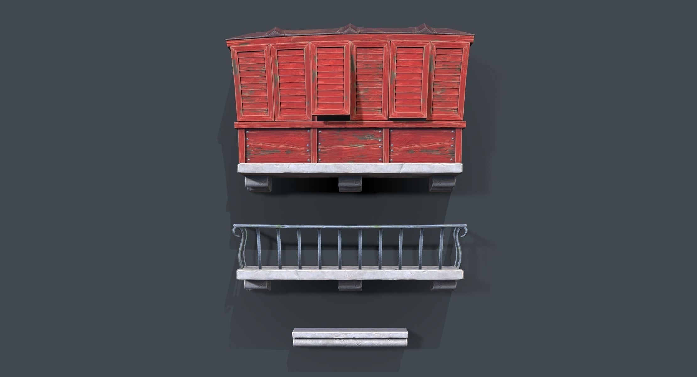 Cartoon Balconies and Cornice Low-poly 3D model_3