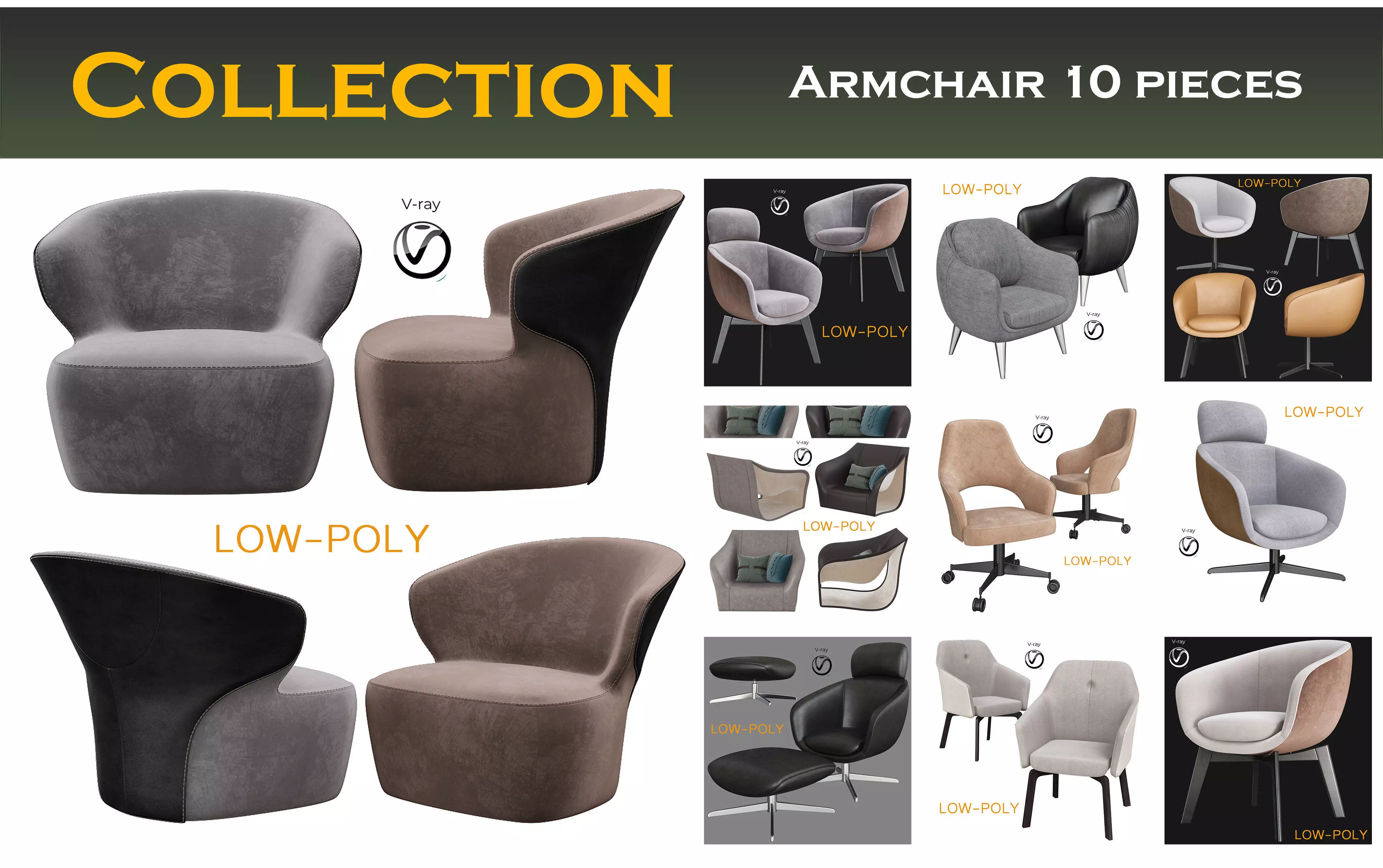 Armchair 10 pieces 3d model Low-poly 3D model