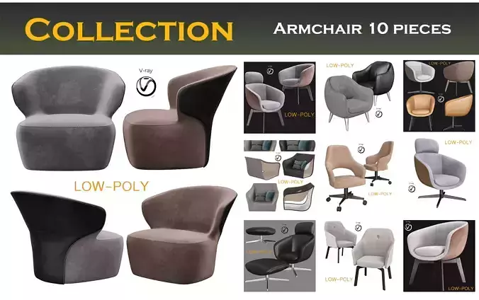 Armchair 10 pieces 3d model Low-poly 3D model