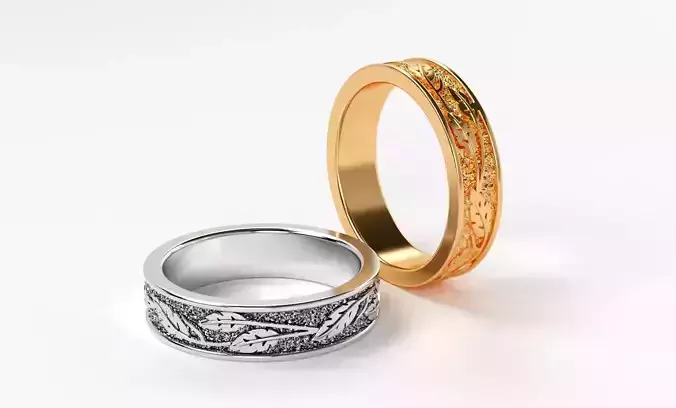 golden or silver  weddin band with leafs motif