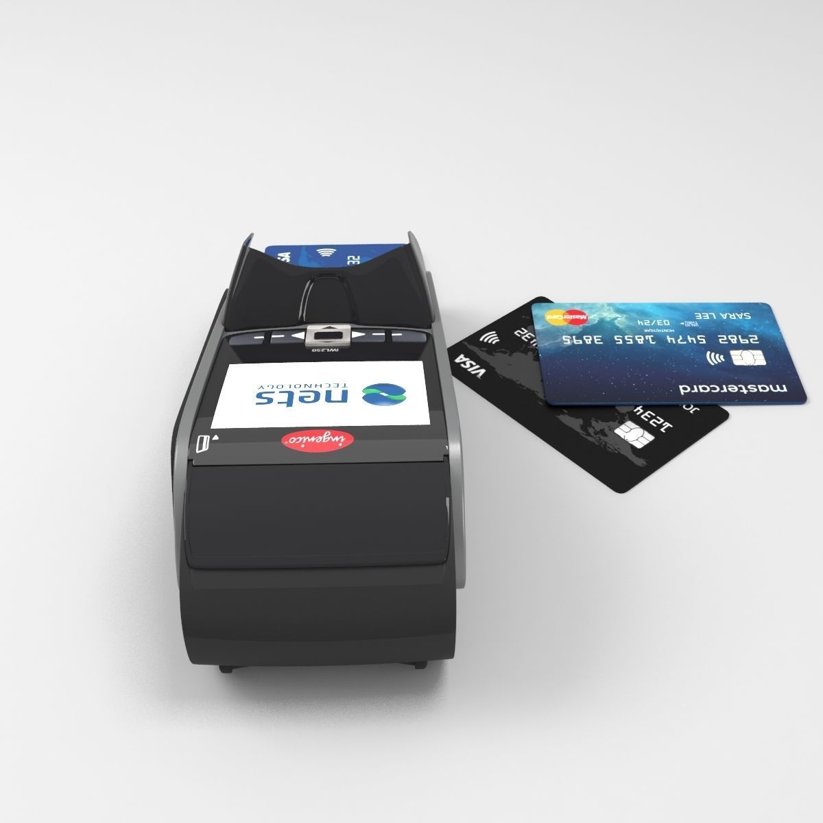 Ingenico IWL250 payment terminal and credit cards 3D model_6