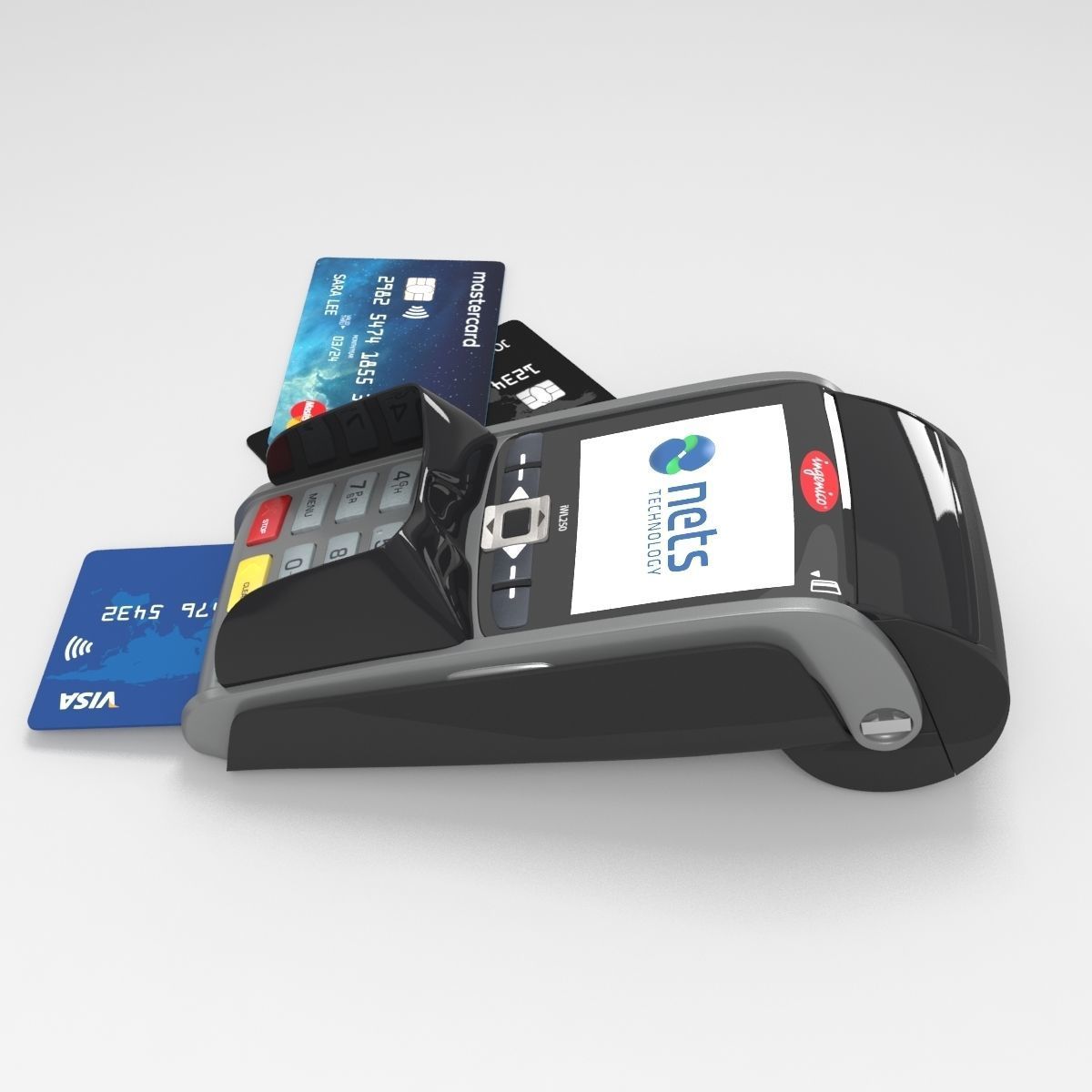 Ingenico IWL250 payment terminal and credit cards 3D model_4