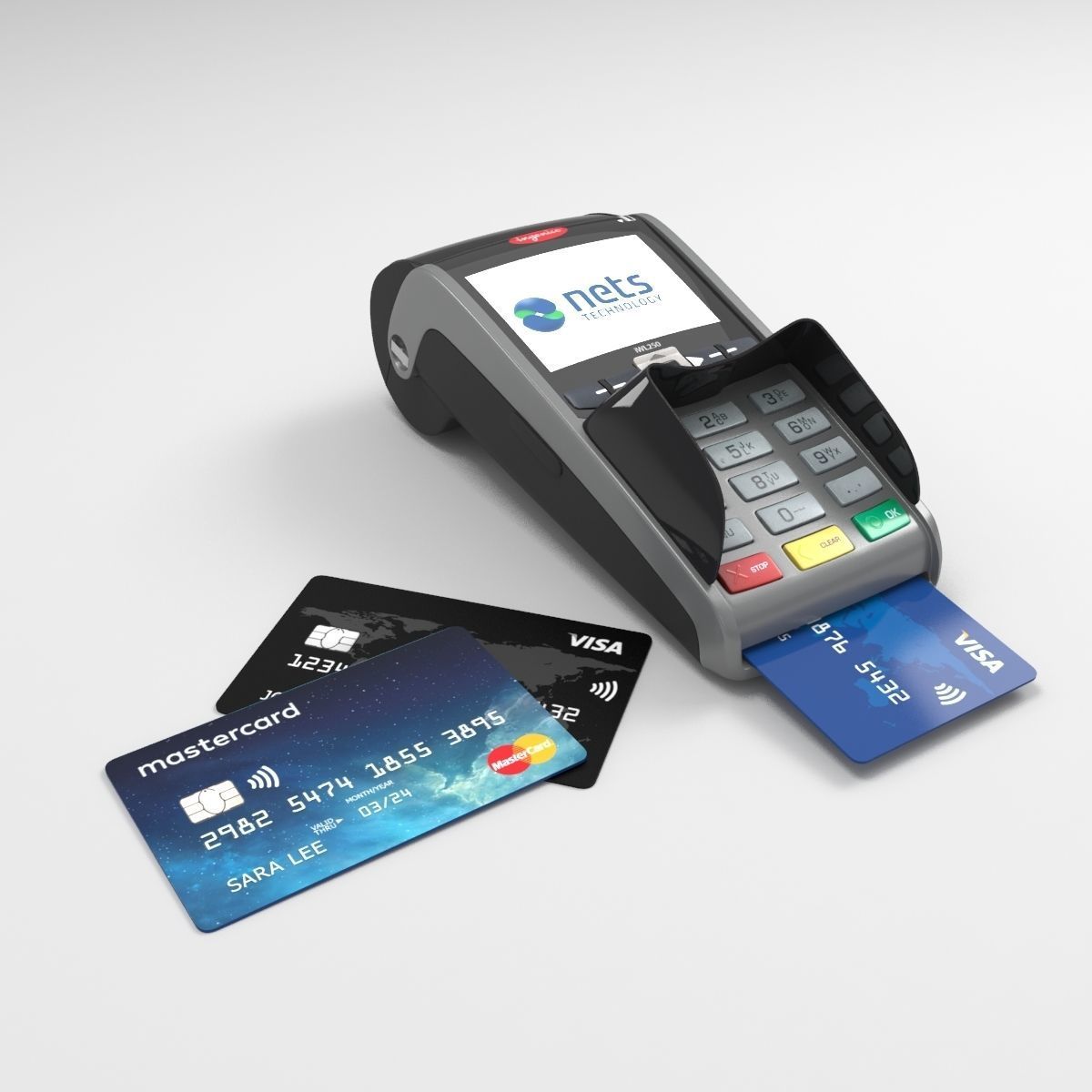 Ingenico IWL250 payment terminal and credit cards 3D model_1