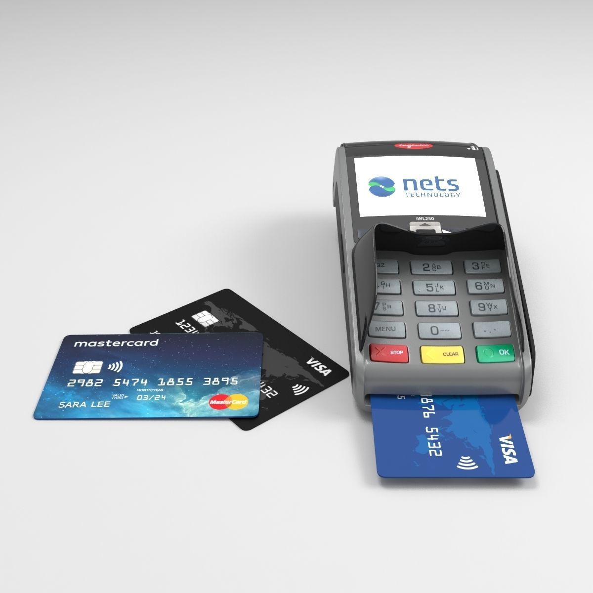 Ingenico IWL250 payment terminal and credit cards 3D model_2