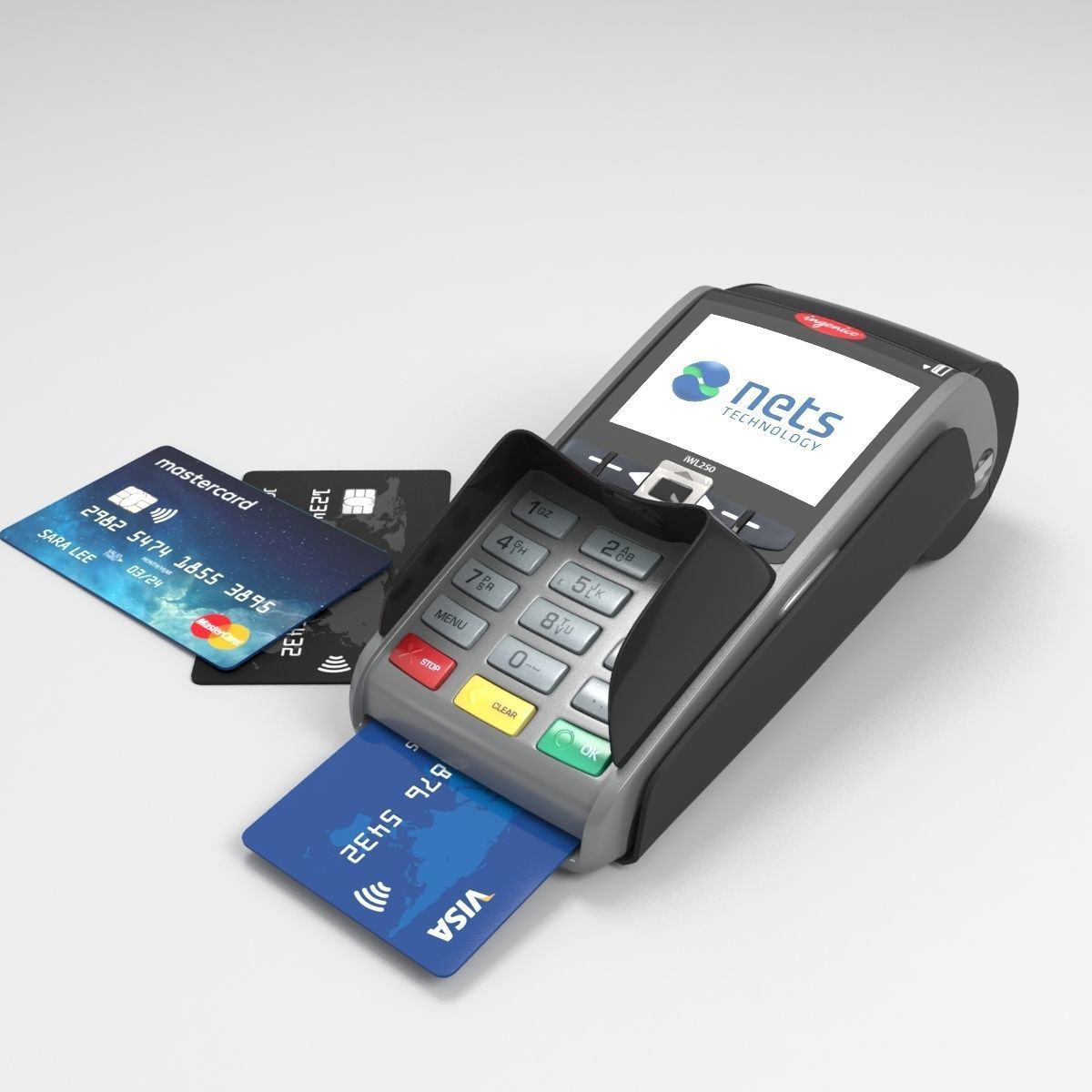 Ingenico IWL250 payment terminal and credit cards 3D model_3