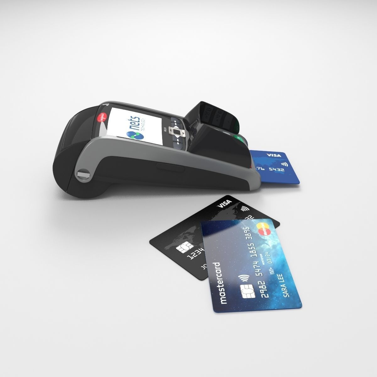 Ingenico IWL250 payment terminal and credit cards 3D model_8