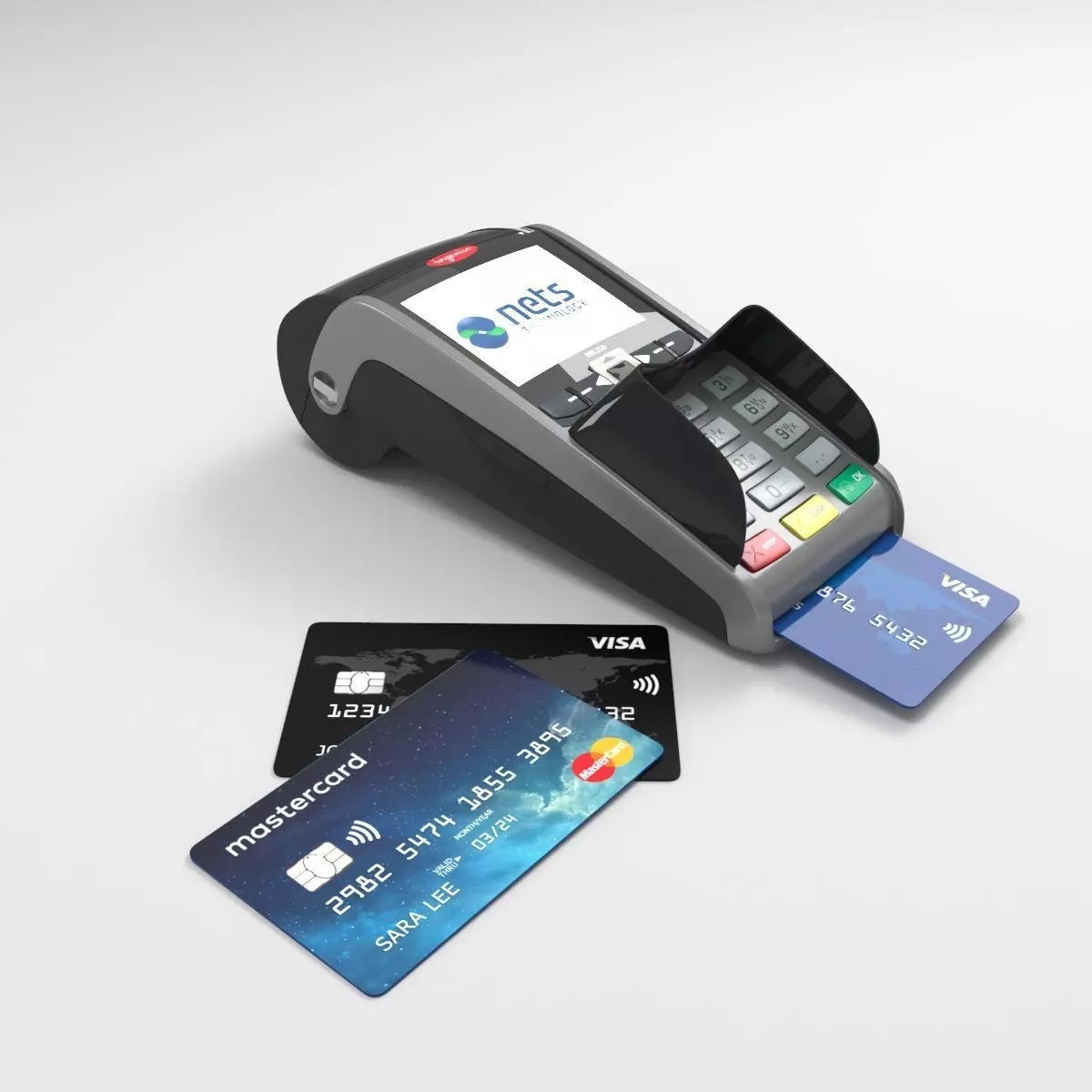Ingenico IWL250 payment terminal and credit cards 3D model_0