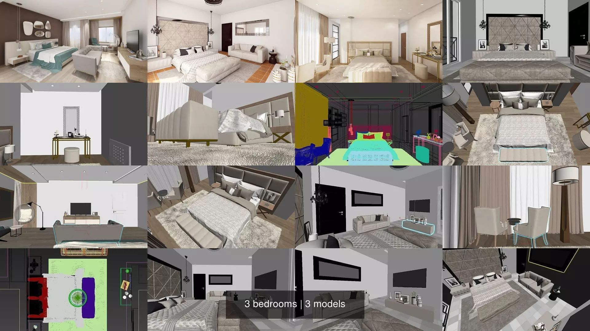 3 bedrooms bedroom interior design 3D Model Collection_0