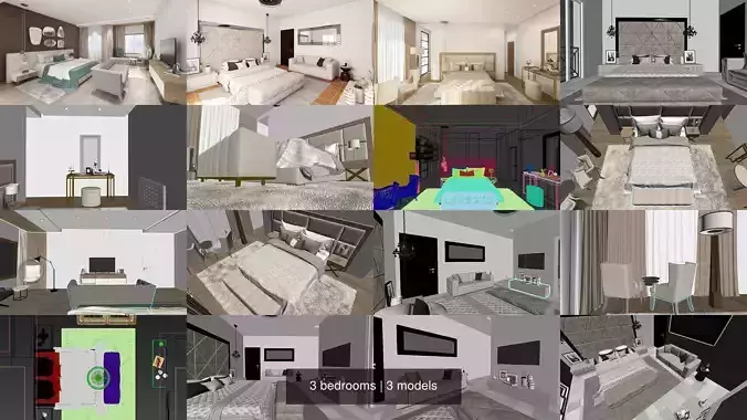 3 bedrooms bedroom interior design 3D Model Collection