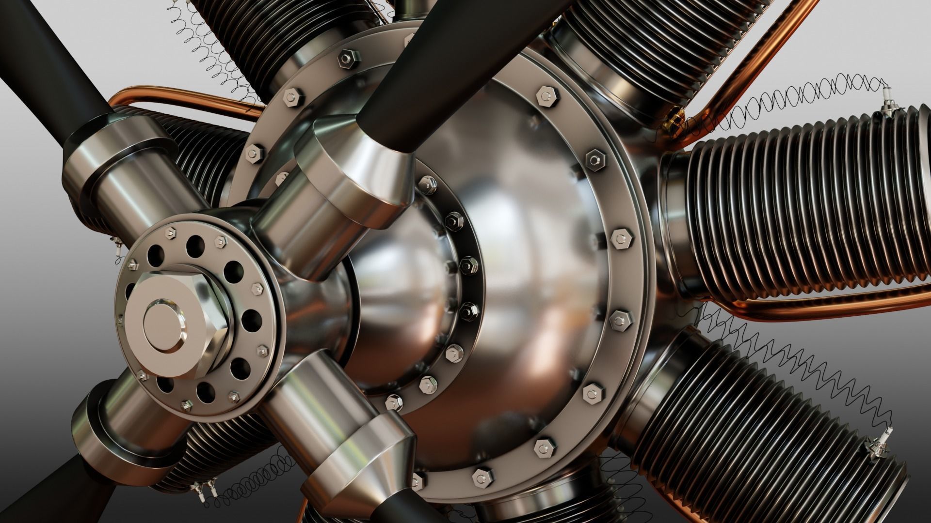 Radial Aircraft Motor with propeller and plane nose 3D model_4