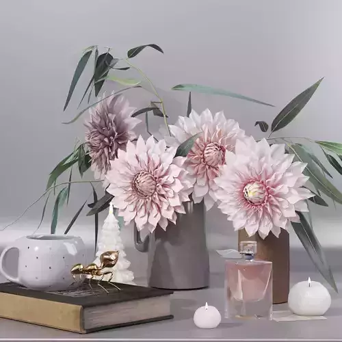 Garden Dahlia bouquet flowers vase decor set  3D model