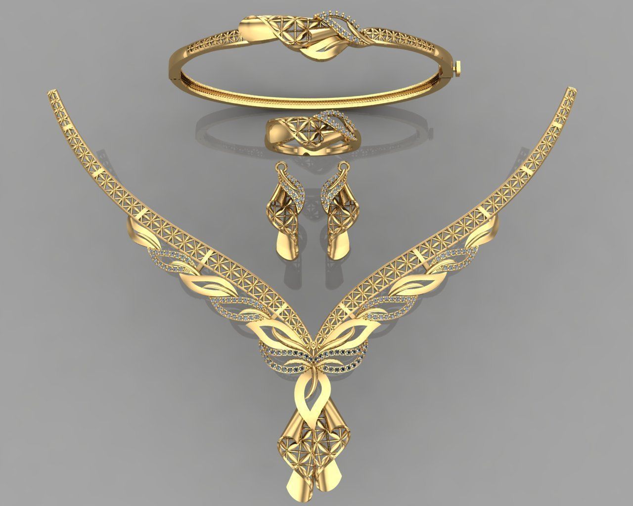 GC GOLD S005 - Diamond necklace earring ring bracelet gold set 3D print model_1
