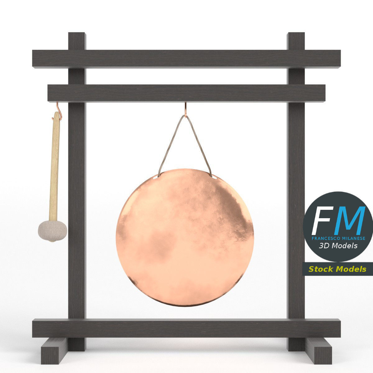 Gong with mallet 3D model_3