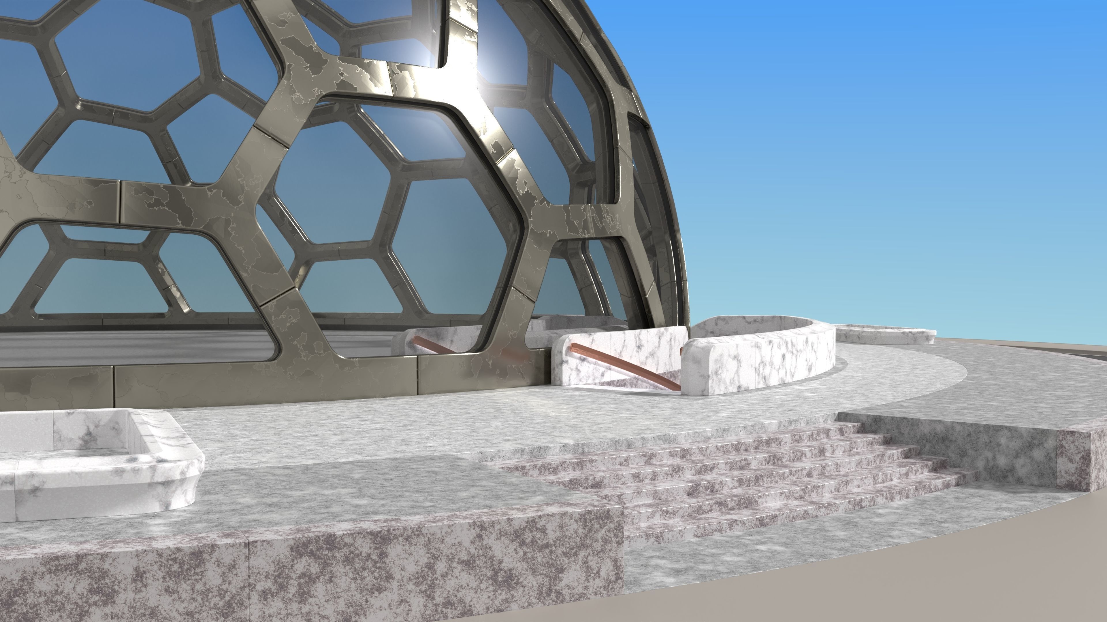 medium hexagon dome with an underground entrance 3D model_1