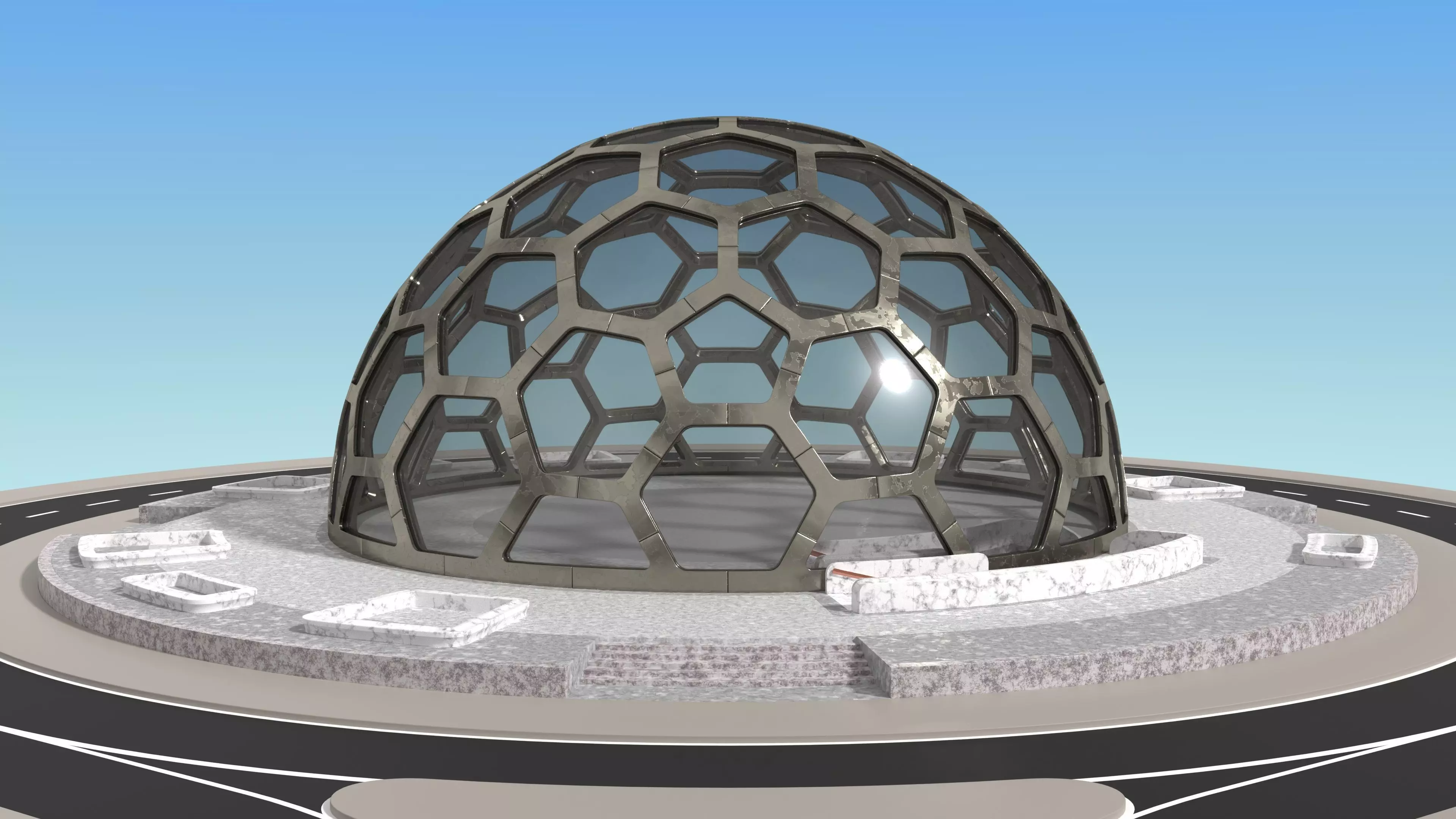 medium hexagon dome with an underground entrance 3D model_0