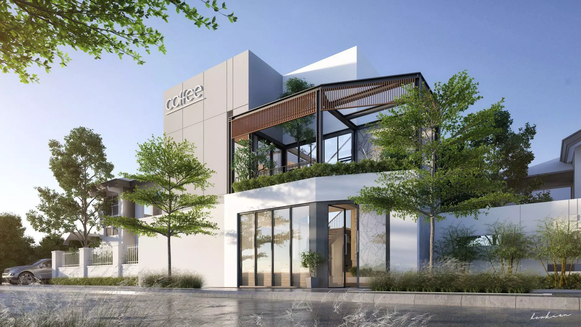 Coffee 3d Model exterior of modern building 3D model_0