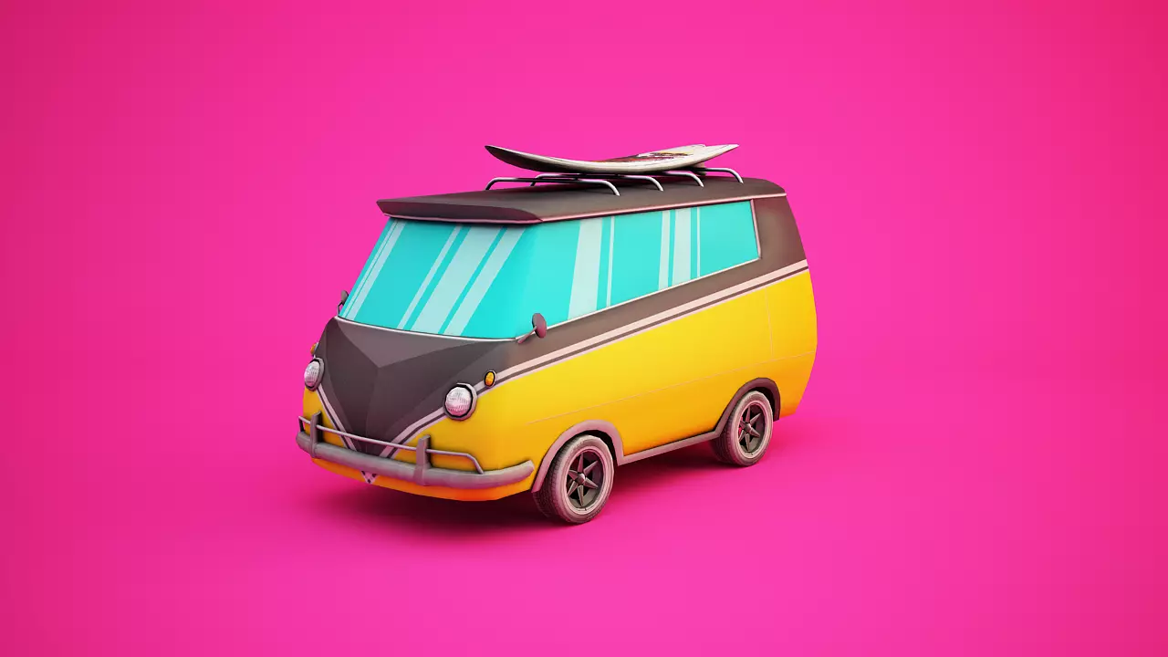 Surfer Van with Cartoon Style Option Low-poly 3D model_0