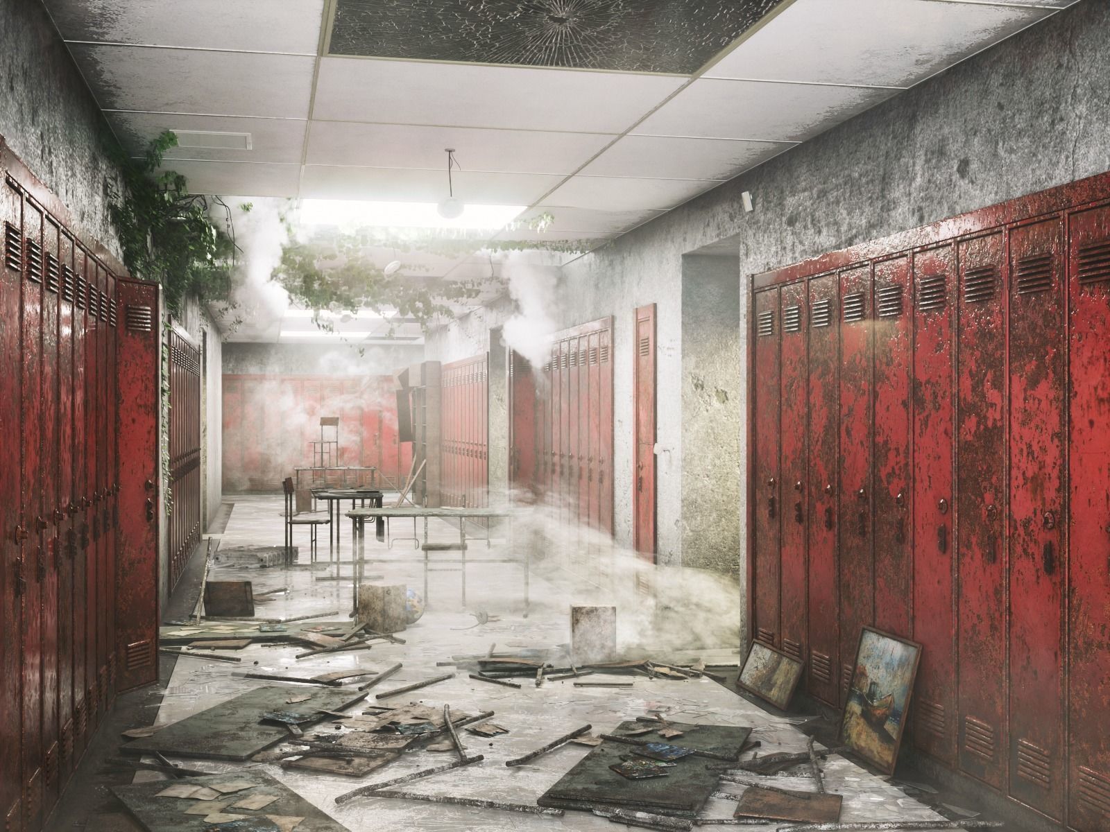 School Corridor Abandoned Low-poly 3D model_1