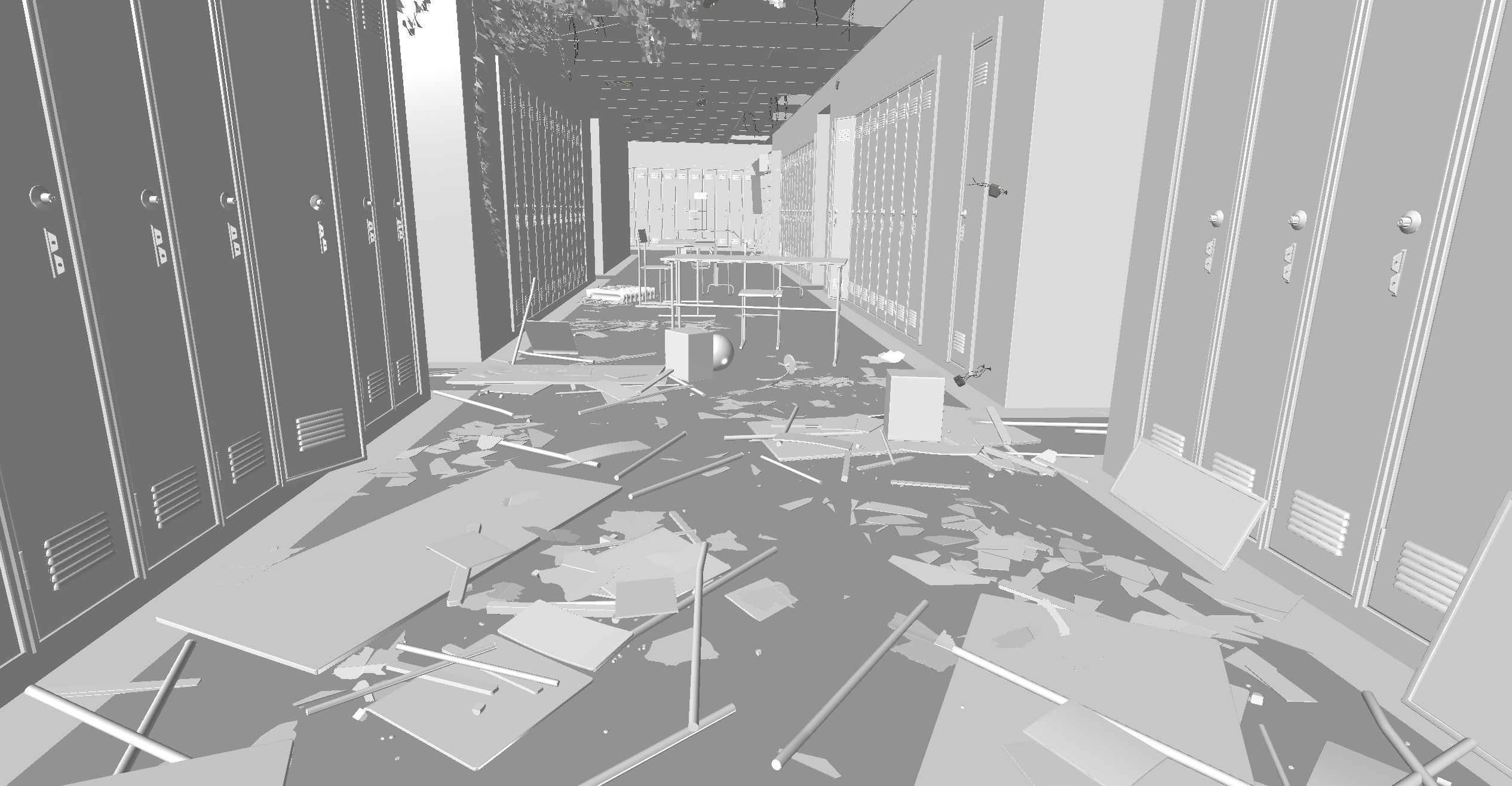 School Corridor Abandoned Low-poly 3D model_2
