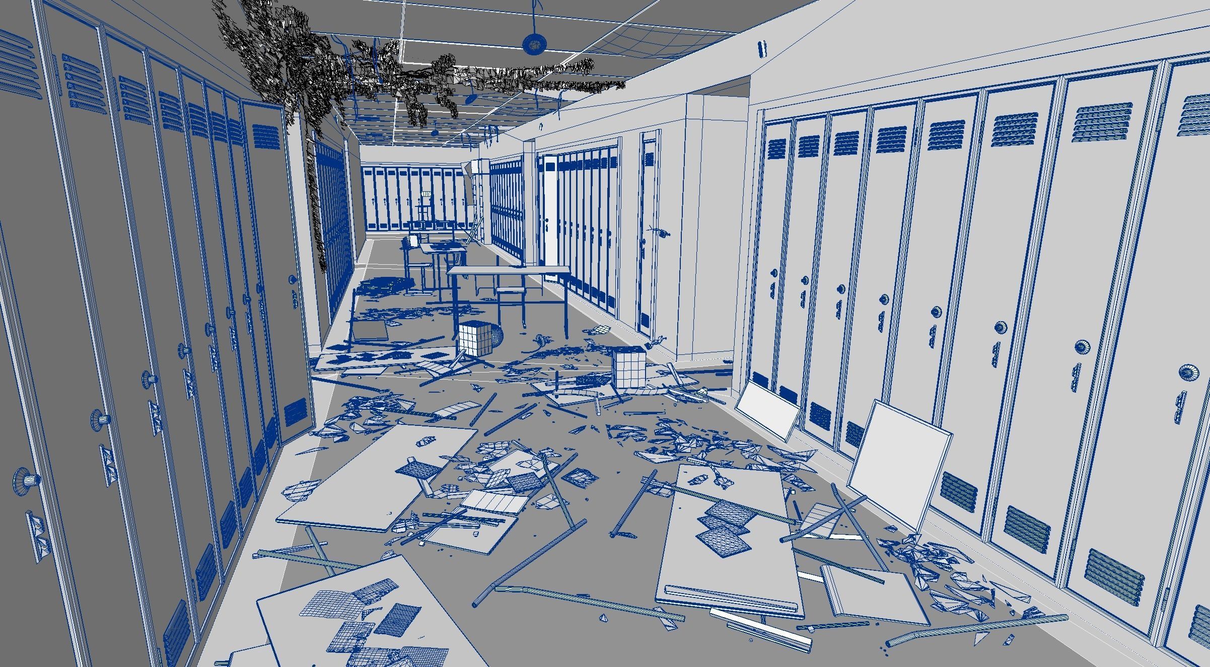 School Corridor Abandoned Low-poly 3D model_3