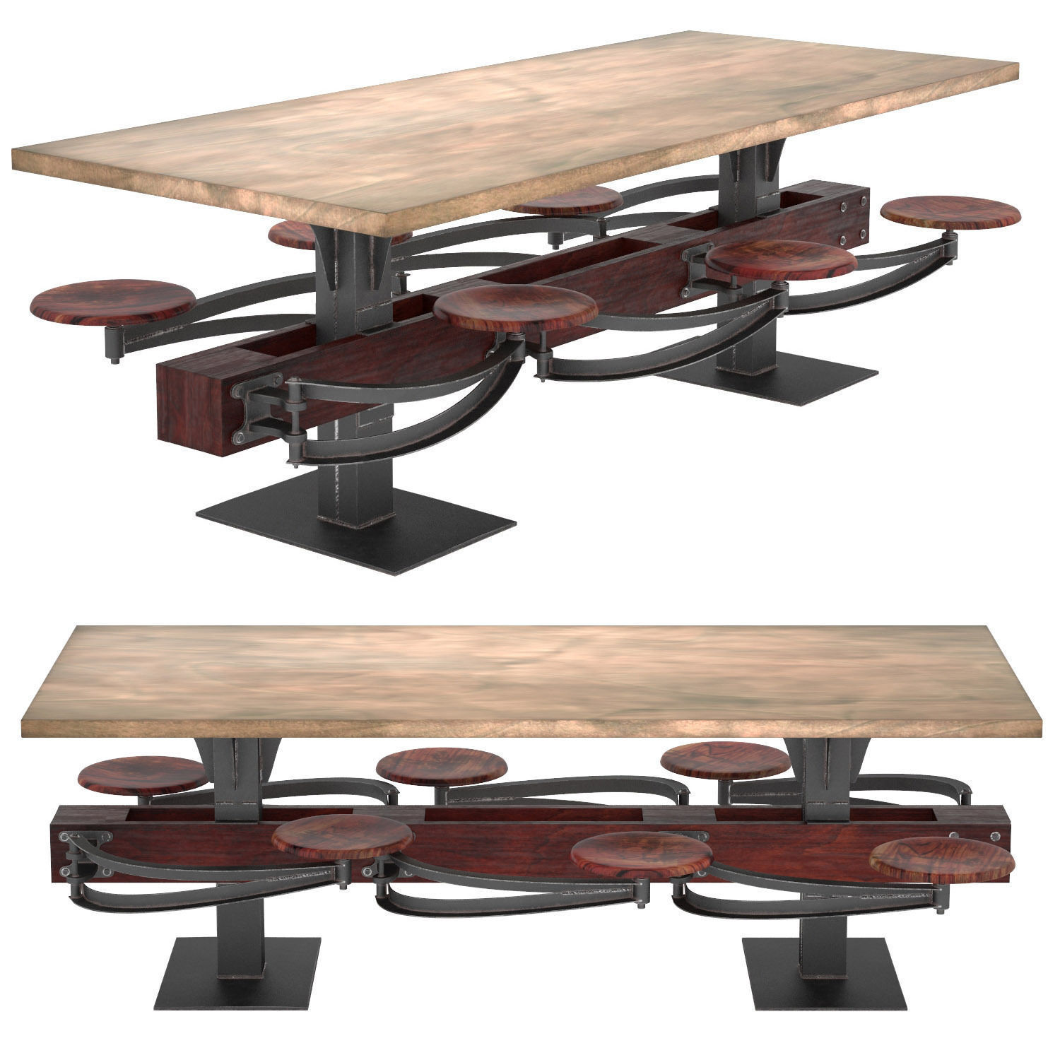 Perrin Communal Table With Attached Seating 3D model_4