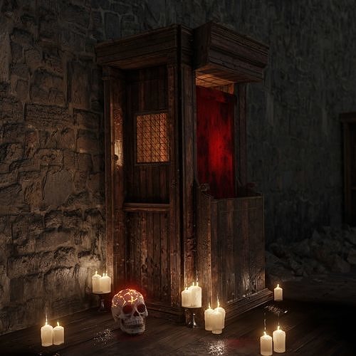 Confessional wooden box with curtain 3D model