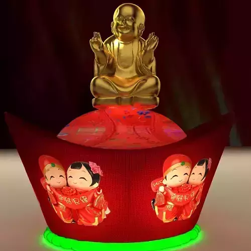 Chinese gold ingot lantern witn monk kid