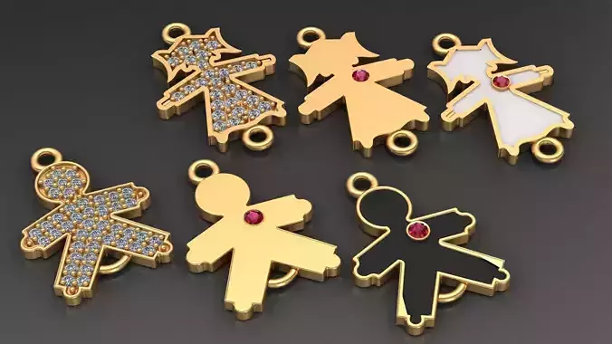 Boy and Girl Kid Diamond Ruby Enamel Pendant