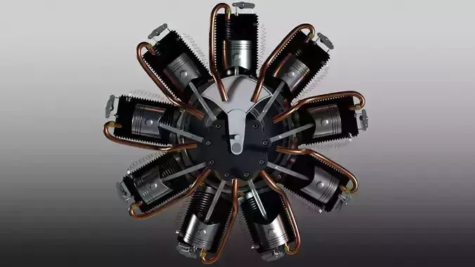Radial Motor with Piston Mechanism Nose Propellers Anim and Rig 3D model