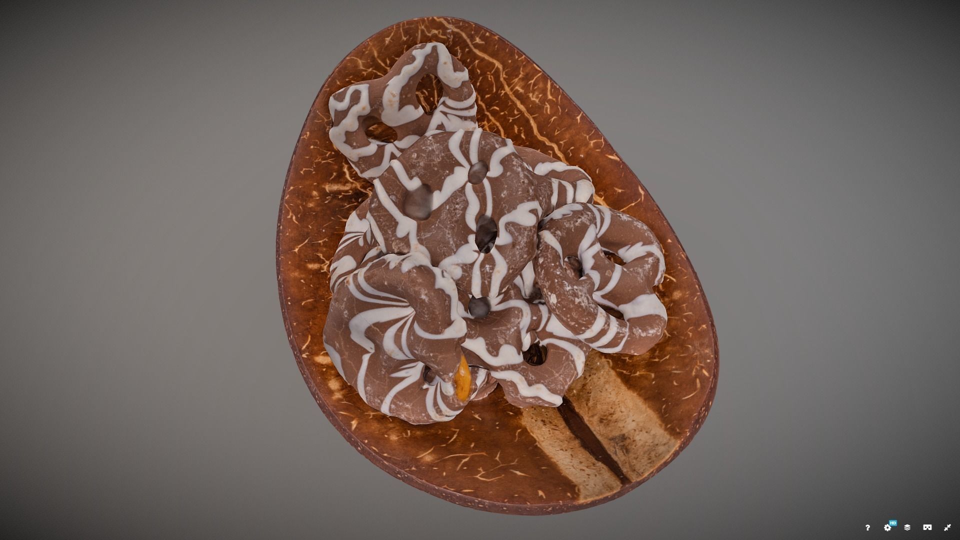 Chocolate Covered Pretzels in Coconut Bowl 3D model_2