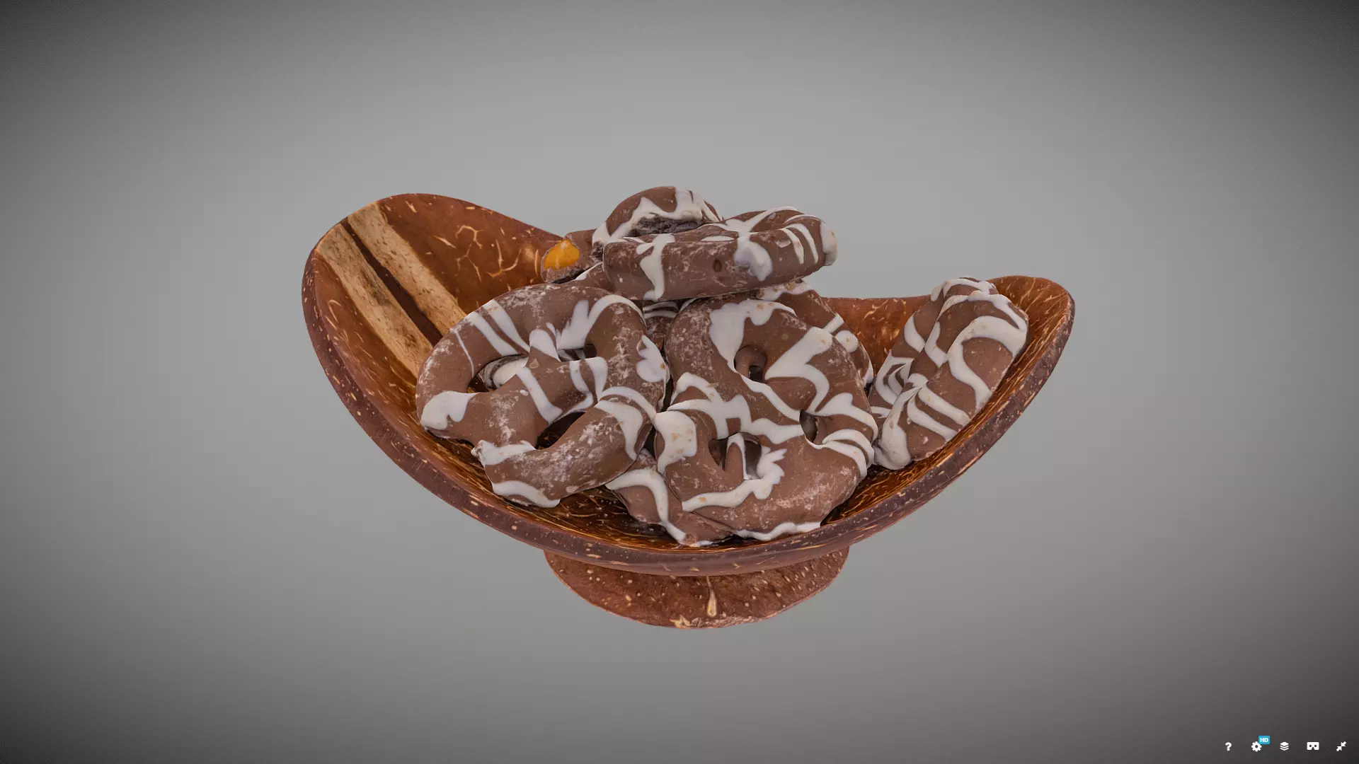 Chocolate Covered Pretzels in Coconut Bowl 3D model_0