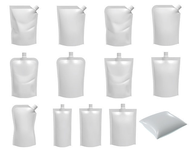 Blank Pouch Bags With Spout Lid Mock Up 3D Model Collection