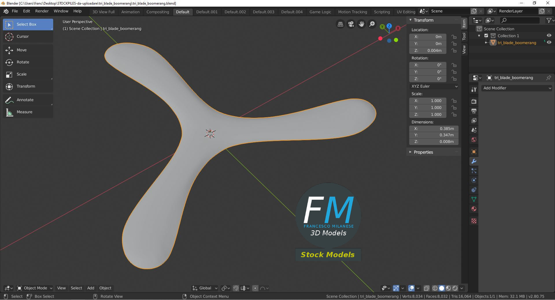 Tri-blades boomerang 3D model_9