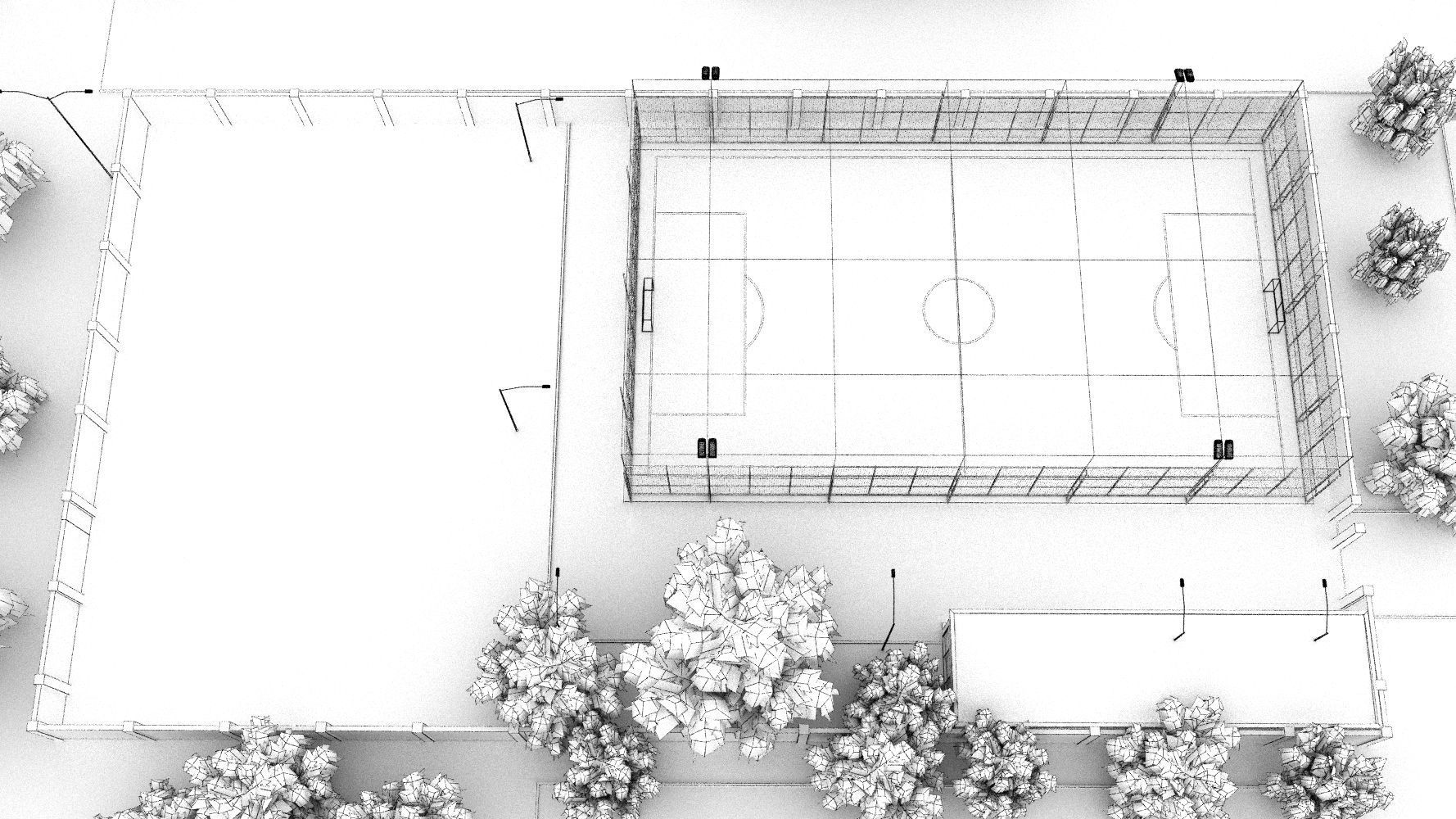 Stadium soccer field with grass and trees 3D model_4