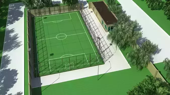 Stadium soccer field with grass and trees