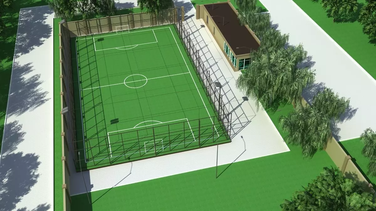 Stadium soccer field with grass and trees 3D model_0