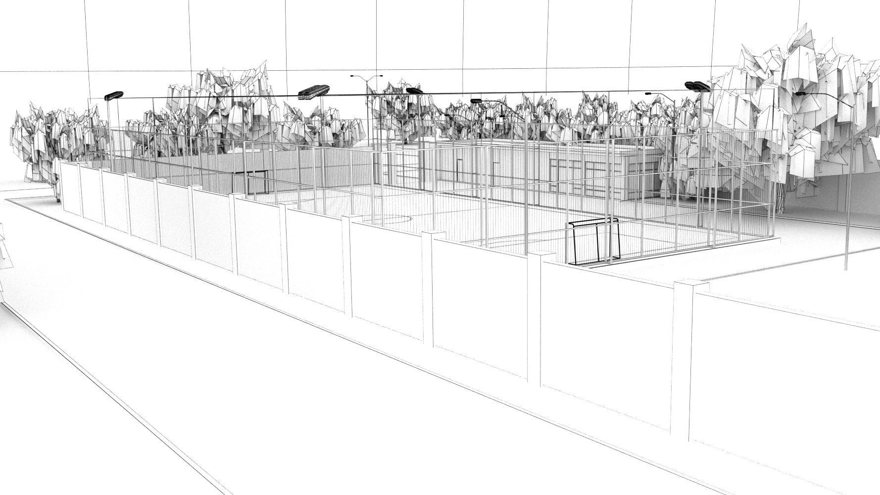 Stadium soccer field with grass and trees 3D model_7