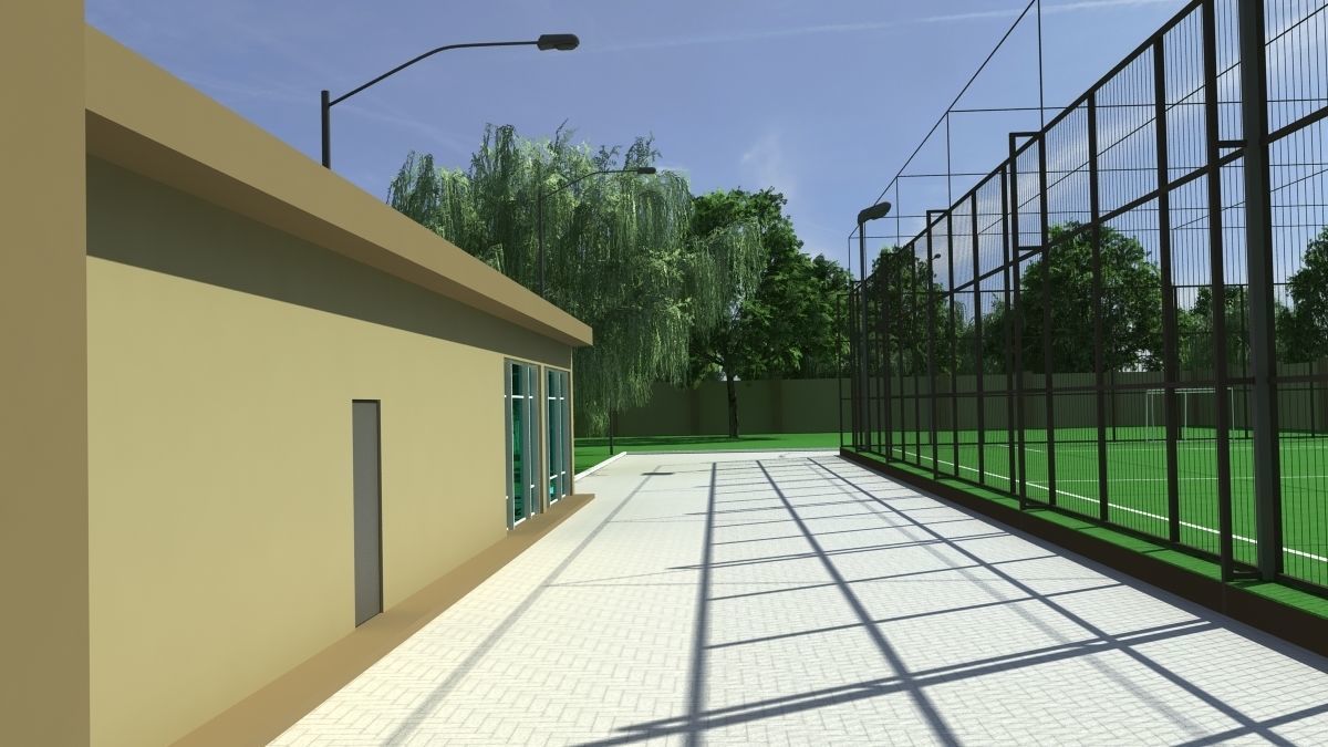 Stadium soccer field with grass and trees 3D model_1