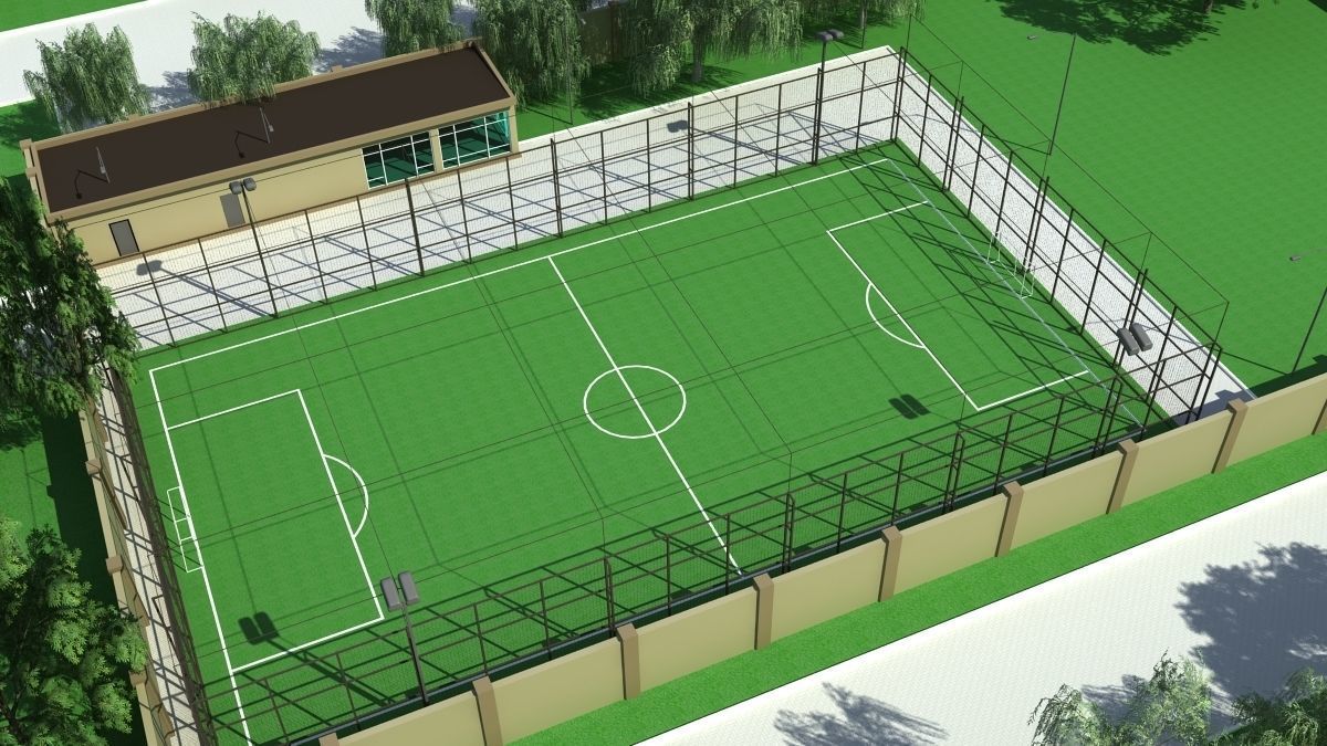 Stadium soccer field with grass and trees 3D model_2