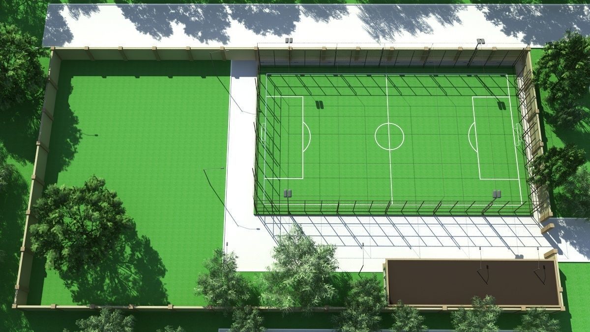 Stadium soccer field with grass and trees 3D model_3