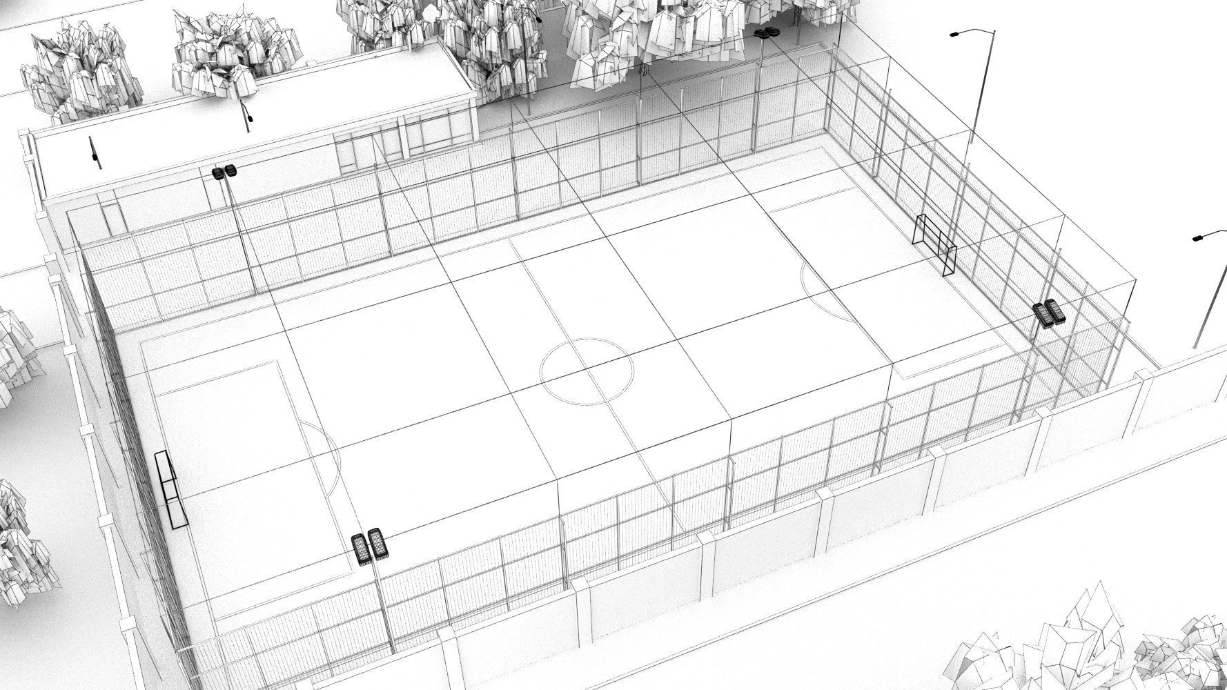 Stadium soccer field with grass and trees 3D model_6