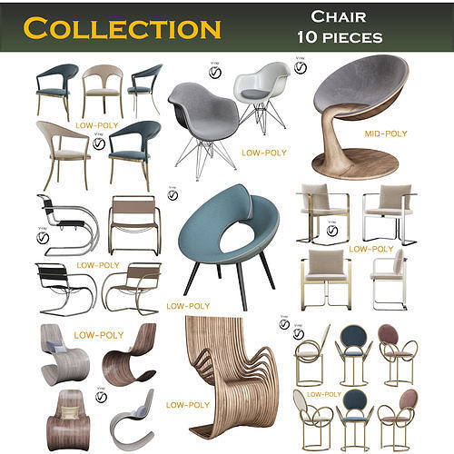 Chair 10 pieces 3d model Low-poly 3D model
