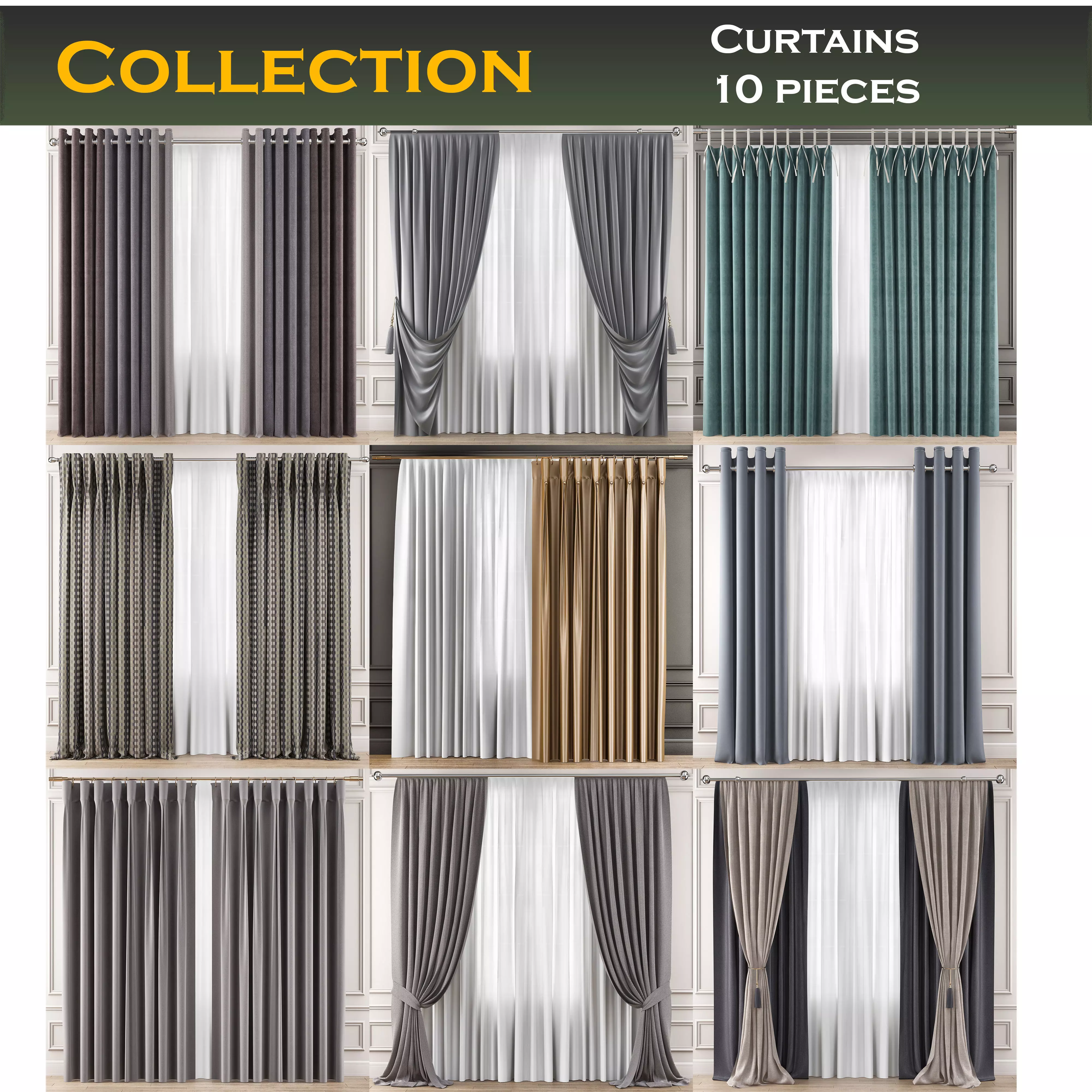 Curtains 10 pieces 3d model Low-poly 3D model_0