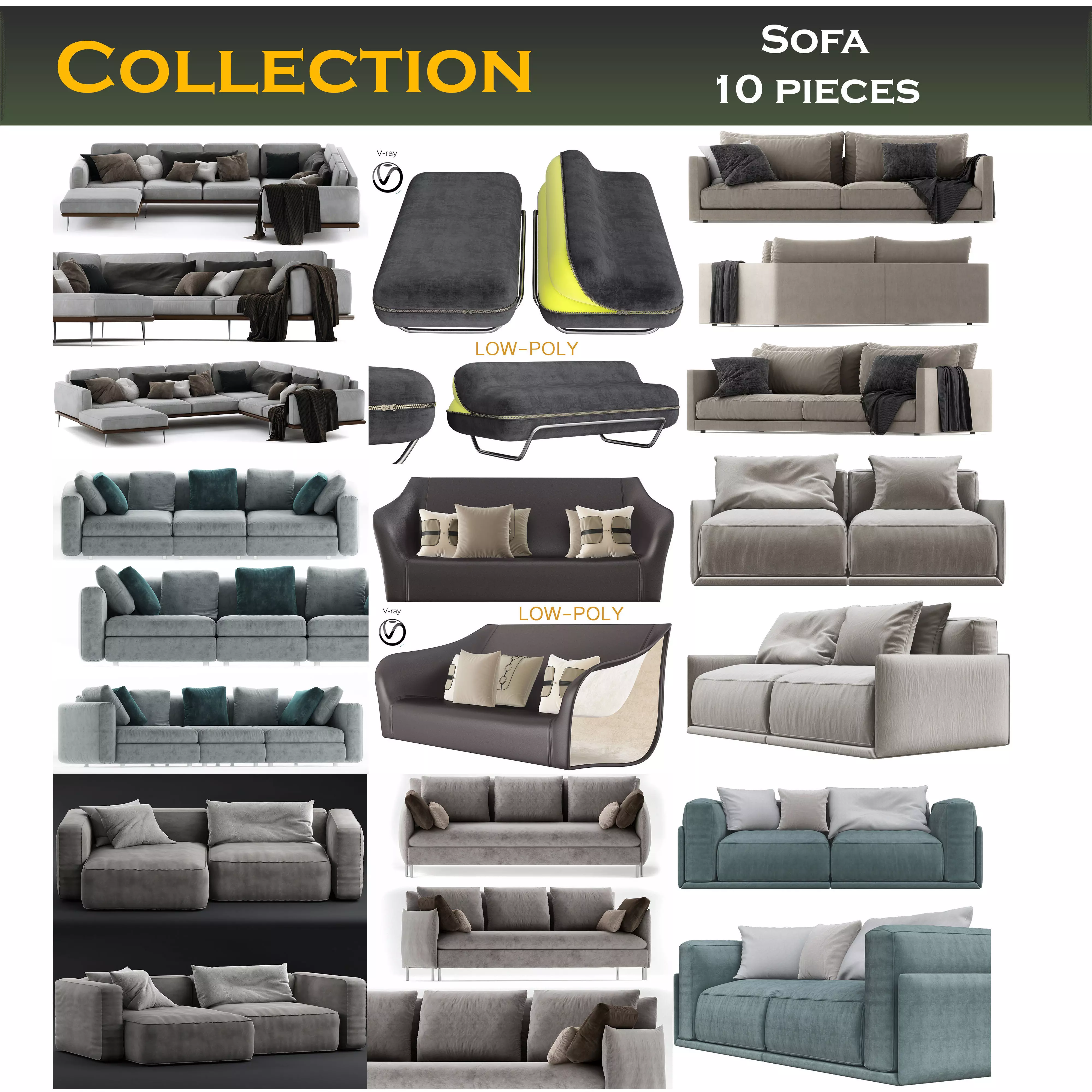 Sofa 10 pieces 3d model Low-poly 3D model
