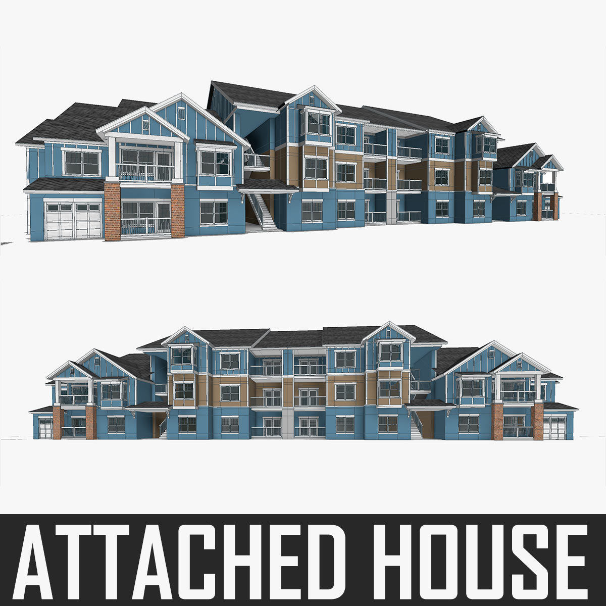 Attached House  Low-poly 3D model_1