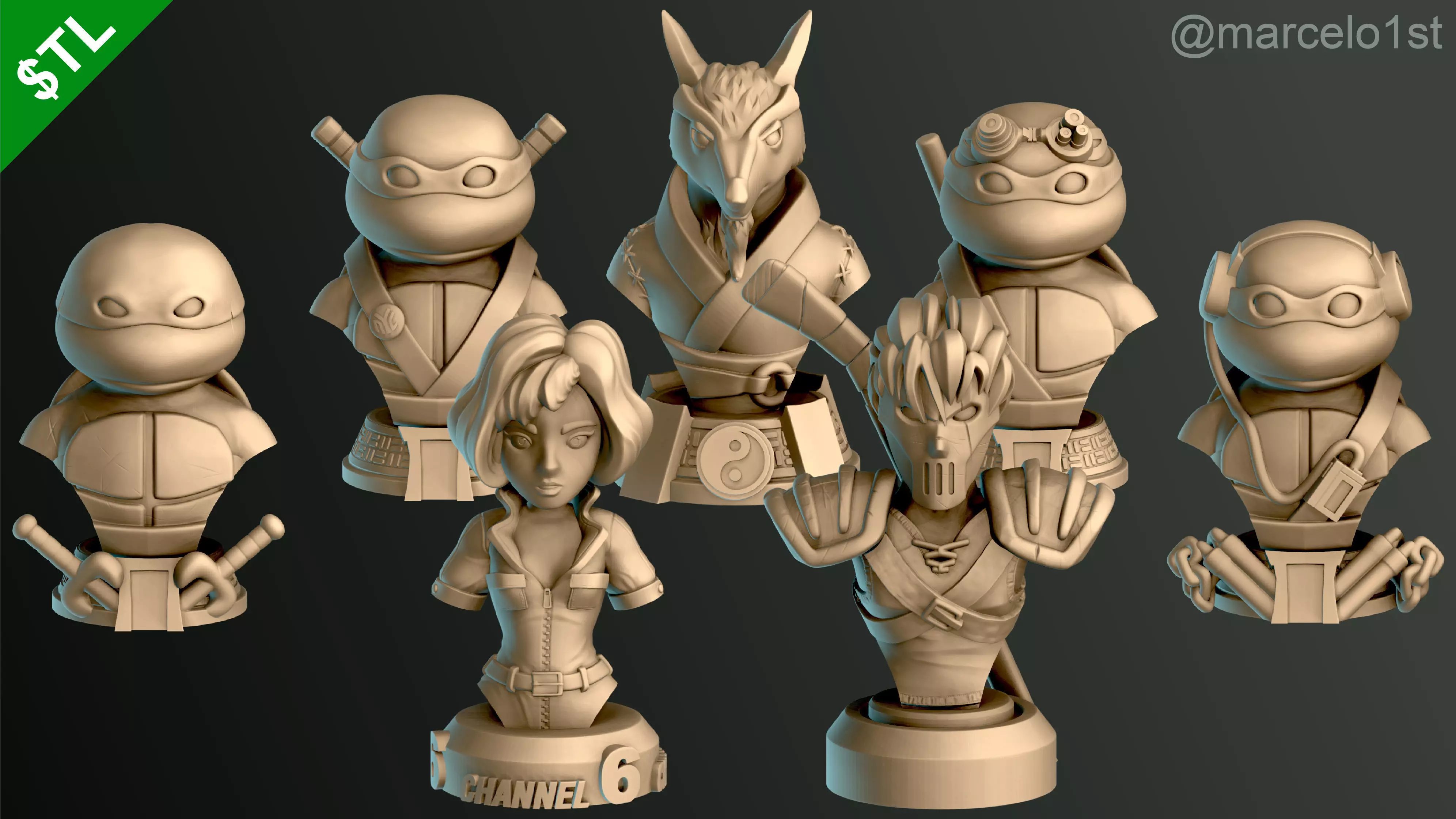 Turtle Warriors and Master and Allies Busts with Safe Base - FDM 3D print model_0