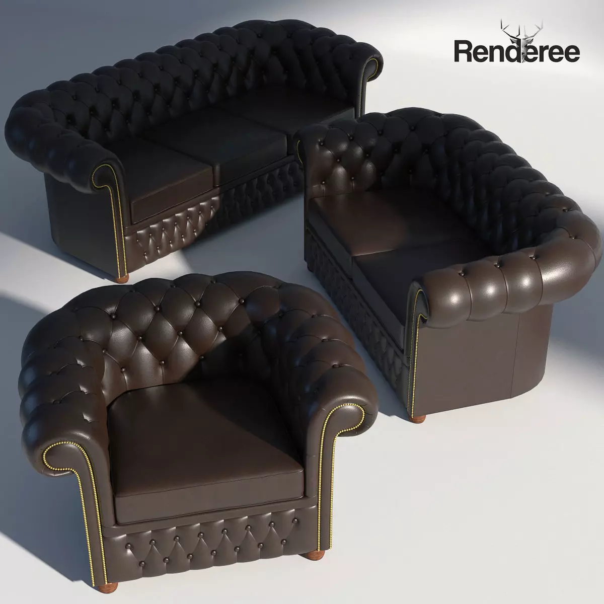 Chesterfield Sofa Set Brown 3D model