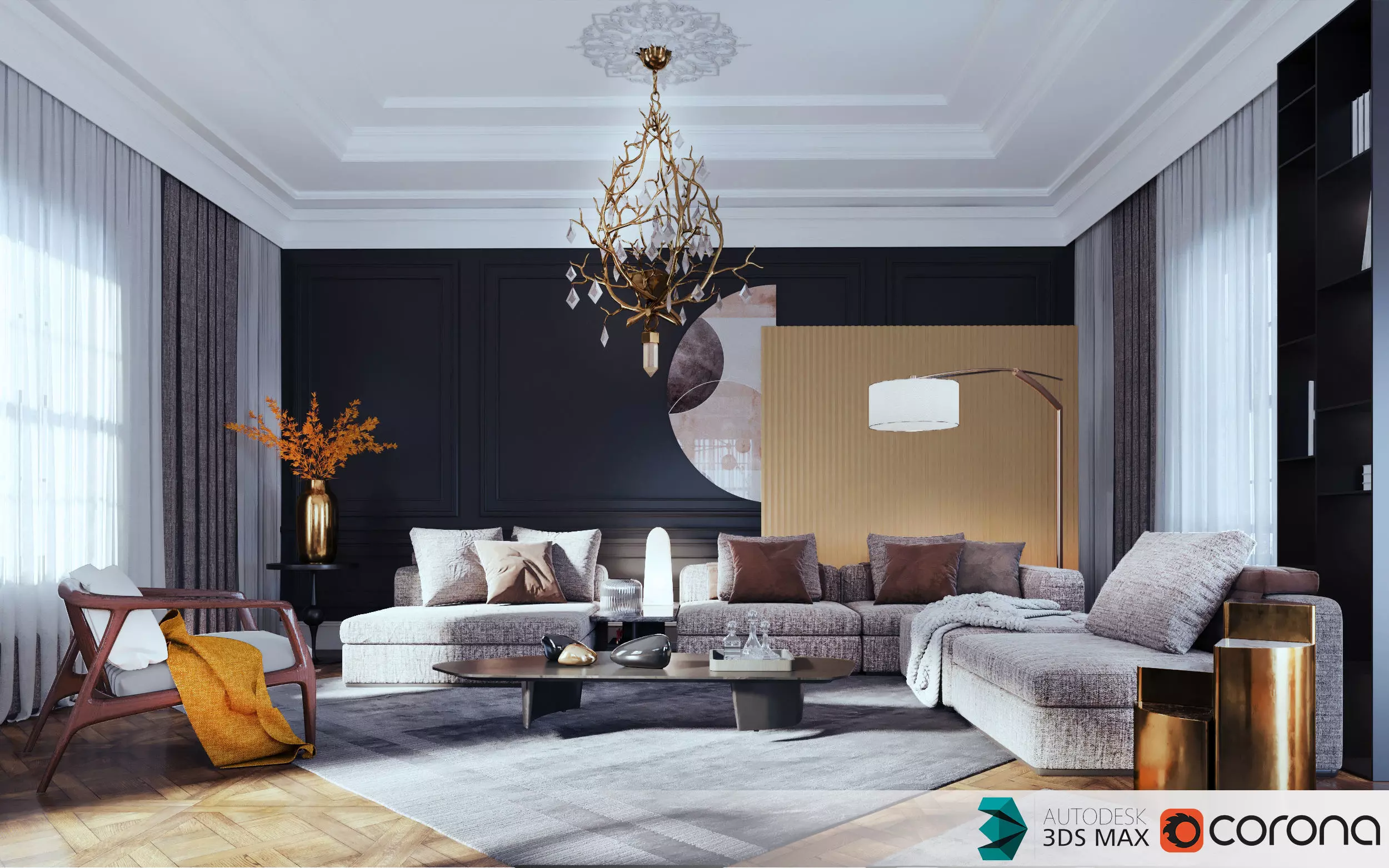 Yellow-Reception Dining scene -corona renderer 3D model_0